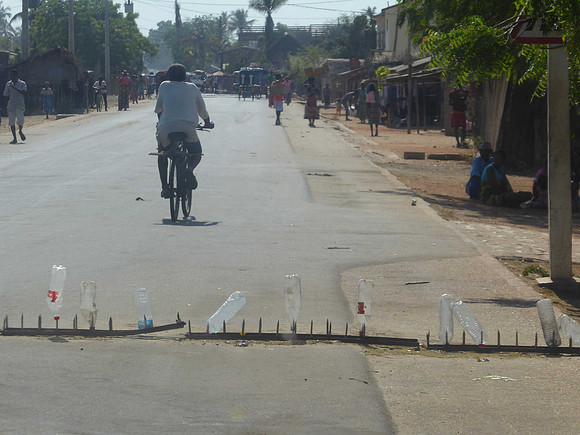 Metal spikes at road checkpoint